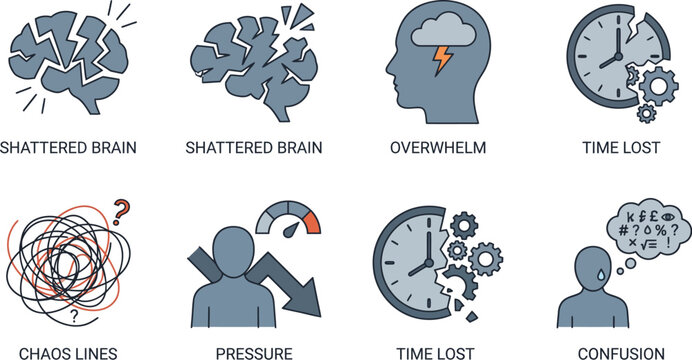 Mental exhaustion and cognitive overload are captured in these graphic.