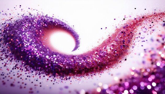 a vibrant swirl of sparkling purple and pink glitter particles white background