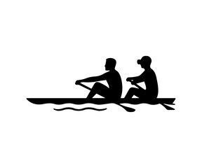 Rowers silhouette paddling boat on water surface © Iulia