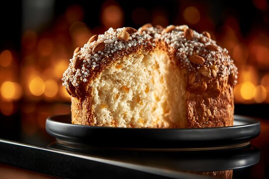 Traditional Italian colomba cake with almonds and sugar pearls