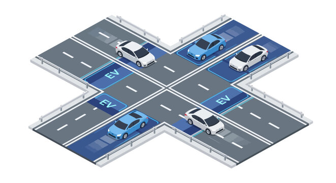 Isometric Vector of Electric Vehicles Wireless Charging on a Smart City Road Intersection