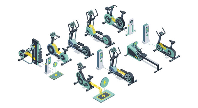 Isometric Eco-Friendly Gym Equipment for Renewable Energy Generation: Green Fitness Concept with Stationary Bikes and Ellipticals