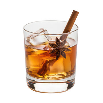 Glass of whiskey with cinnamon stick on ice