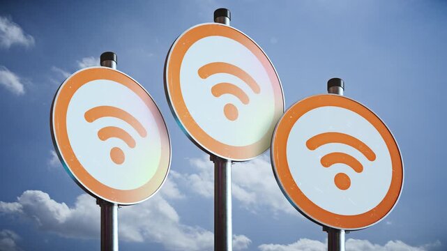 Three rotating public WiFi hotspot signs on poles against blue sky, orange wireless internet symbols animation loop with alpha channel overlay