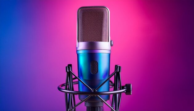 studio condenser microphone on vivid magenta violet gradient background