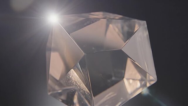 Geometric crystal glass prism reflecting light on black background