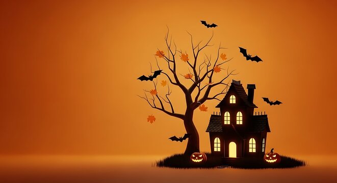 Haunted house with scary tree and bats under a big orange full moon