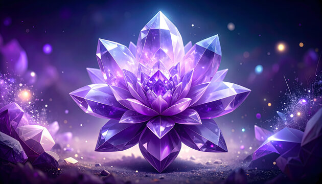 Graphic illustration of a flower where the petals are translucent amethyst crystals with sharp geometric facets and purple generative AI