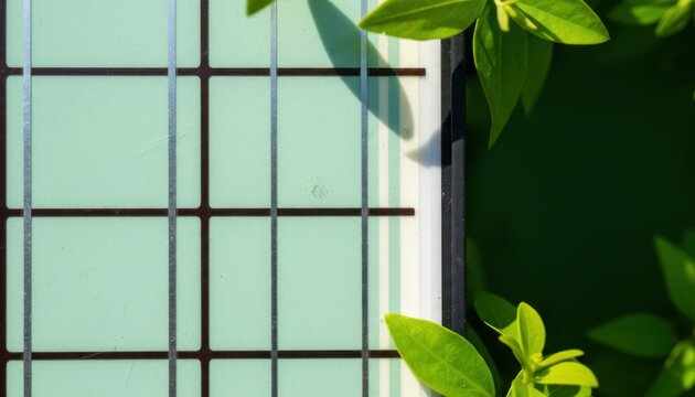 Mint green solar panel surface with brown conductive busbars and fresh leaves for renewable energy branding, clean technology website banners and ecological advertising