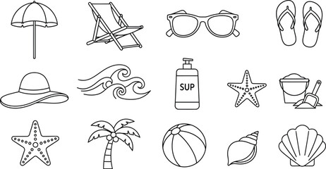 beach items collection in black and white line art © BonyAmin