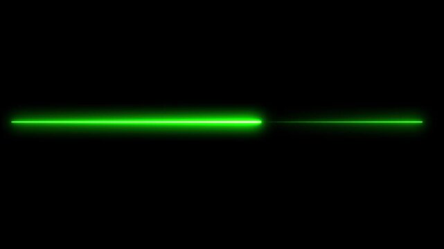 Bright Green Laser Beam Line Across Black Background. Abstract Light Effect Element Design, Shiny Saber Animation Moving Left to Right