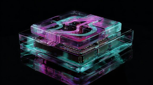 Abstract 3D render of quantum computing processor with glowing qubits and entangled particle visualization, iridescent glass and metallic materials