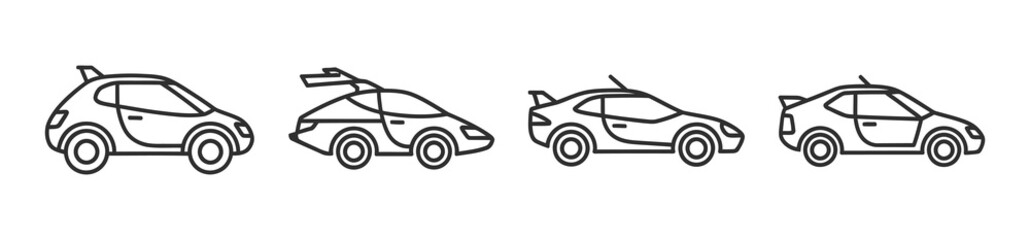 Obraz premium Modern minimalist line art illustrations of various car designs, featuring sporty and compact vehicles, suitable for diverse graphic design projects and automotive-themed digital assets