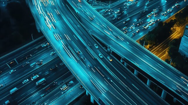 Urban highway intersection with traffic light trails at night
