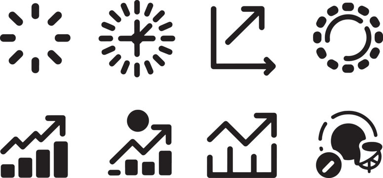 Collection of progress loading bars, growth charts, and abstract data processing icons with arrows and dots Vector Illustration.