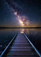 Fototapeta premium The Milky Way galaxy band shining over a still lake with a wooden dock stretching into the water for , travel advertising and outdoor adventure campaigns