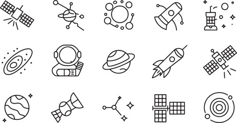 Space exploration and astronomy linear icons collection with planets rockets satellites and galaxy celestial elements Vector Illustration. © MstSima