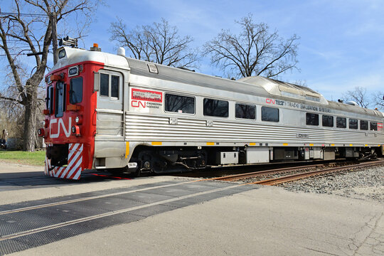 A Canadian National Railway track inspection car travels solo through northeastern Illinois on the railway's Leithton Subdivison. 