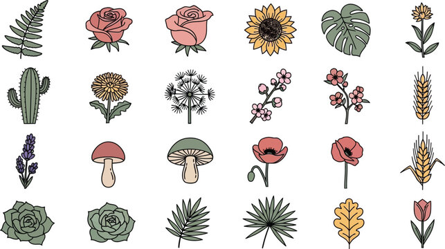Collection of hand-drawn botanical flowers, leaves, cactus, mushroom, wheat nature leaf