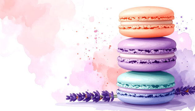 Graphic illustration of vertical stacked colorful macarons in lavender mint and peach tones with soft watercolor textures on white generative AI