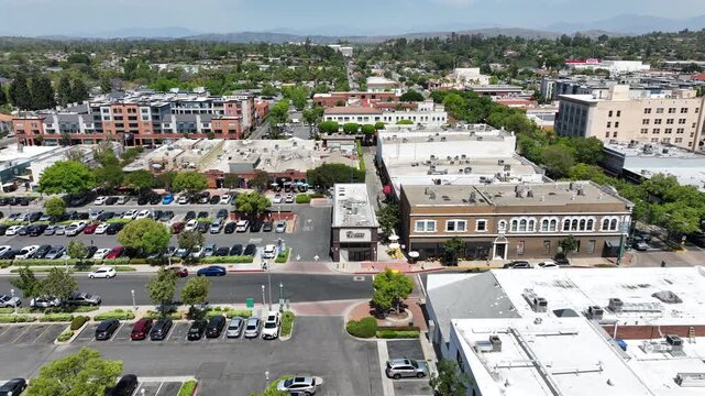 Fullerton, California, USA - Aerial Drone View of Harbor Boulevard in Downtown Featuring Commercial Buildings, Restaurants and Nightlife Bars