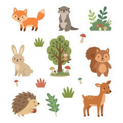 Obraz premium Woodland theme illustration set with fox, rabbit, deer and squirrel surrounded by trees and mushrooms.