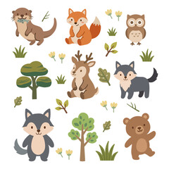 Fototapeta premium Cute animal set with wolf, deer, bear and otter catching fish in flat vector forest illustration style.