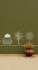 Naklejka premium Olive green textured wall with harvest festival line art and a ceramic pot on sand for cultural branding, seasonal event marketing and traditional background use