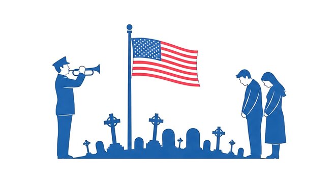 Military funeral honor guard ceremony with American flag and bugler at cemetery
