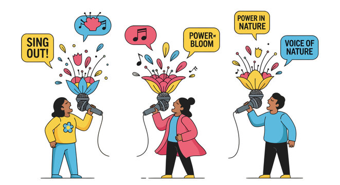 people using megaphones with colorful flowers and speech bubbles