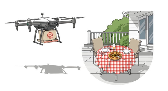 Drone delivering food to outdoor dining table with red checkered tablecloth