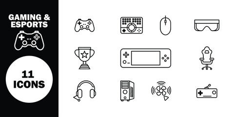 Gaming and esports 11 black line on white and black background, line black and white © DURJOY_SAID