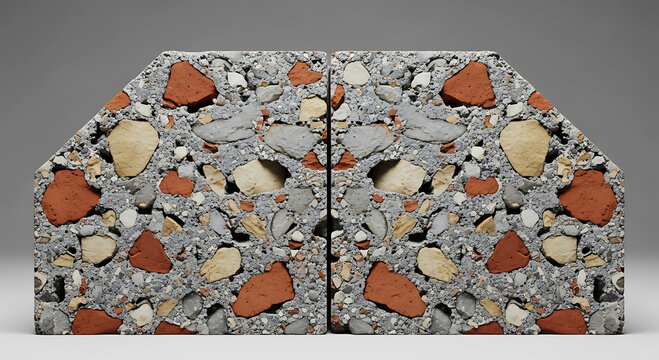 Cross Section View of Recycled Aggregate Concrete Block with Exposed Stone Texture