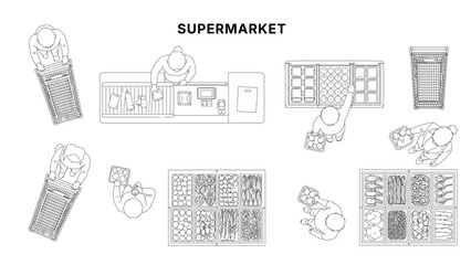 Obraz premium Top view line illustration of supermarket shopping scene with customers, carts and product aisles, checkout and grocery layout in clean minimal architectural outline style