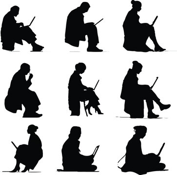 A compelling collection of black silhouettes illustrating various men and women sitting, working on laptops and tablets, engaged in digital tasks across diverse professional and casual settings.