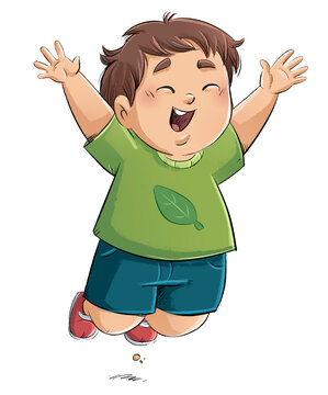 Chubby little boy jumping for joy