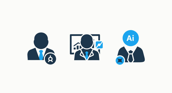 Business analytics and AI concept icons data charts and human silhouettes artificial intelligence analytics business performance strategy management analysis information statistics progress