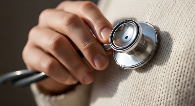 Close-up of hand holding silver stethoscope on beige sweater
