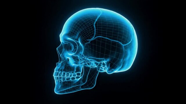 Blue Wireframe Human Skull 3D Render