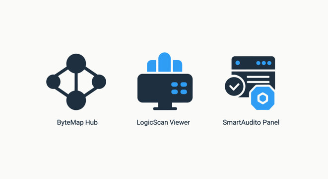 Technology icons: network hub log viewer data protector with data center network topology computer science technology protector computer database security connection analysis information