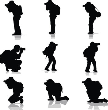 Professional photographers captured in various stances holding cameras with backpacks while standing crouching and kneeling to take artistic pictures for their creative photography project design work