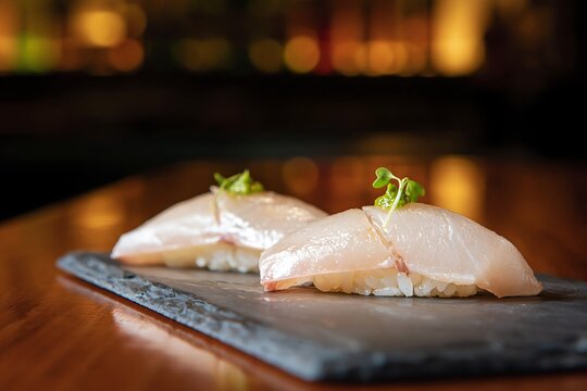 Yuzu kosho yellowtail sushi served on a dark slate plate