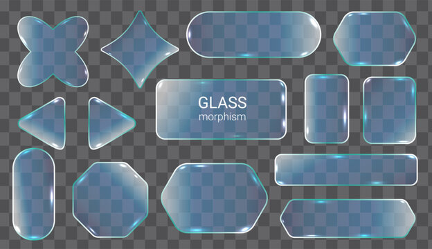 Collection of glass morphism buttons and shapes with light reflections