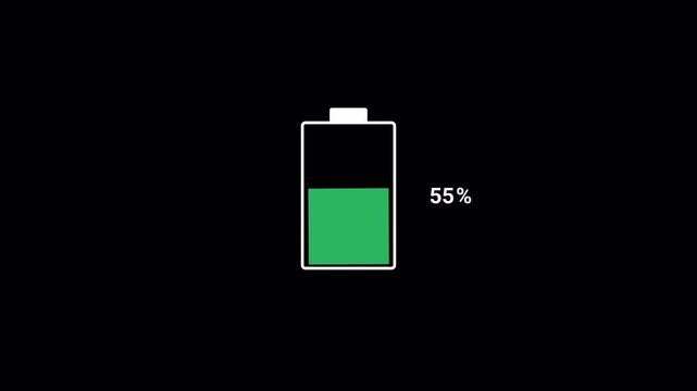 The Fast battery charging icon animation video power full battery on transparent Background. Battery charging animation from 0 to 100% On transparent Background. 4k video
