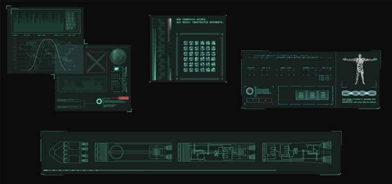 Futuristic sci-fi user interface elements with HUD data panels and graphs