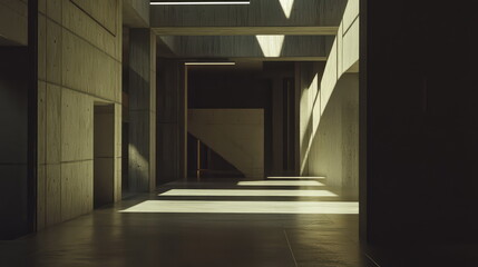 Obraz premium Concrete brutalist architecture interior with geometric light patterns