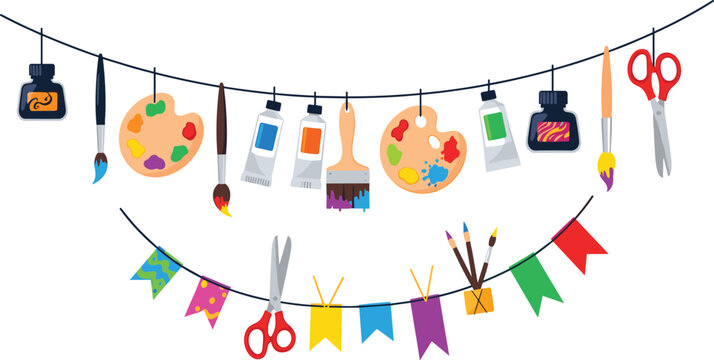 Arts and Crafts Banner Icon Set Featuring Paint Brushes, Scissors, Paint Pallets, Paint Tubes, and Colorful Flags for Kids Craft Party Decorations and Creative Events
