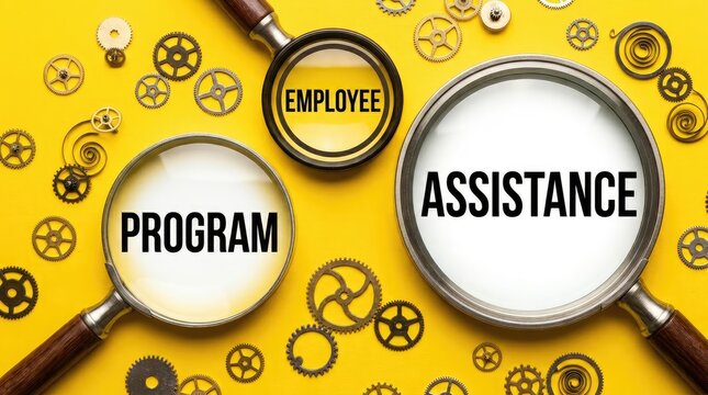 Three magnifying glasses highlight the words Employee Assistance Program surrounded by gears on a yellow background