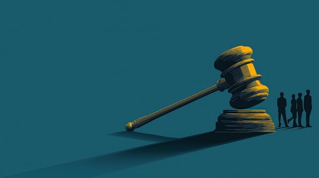 A large gavel casts a shadow over four tiny silhouetted figures, symbolizing justice, authority, and legal power dynamics.