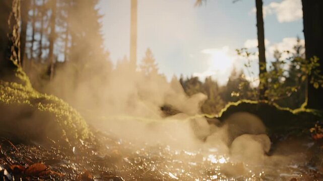 Warm Vapor Rises from Damp Ground in Forest After the Rain Stops